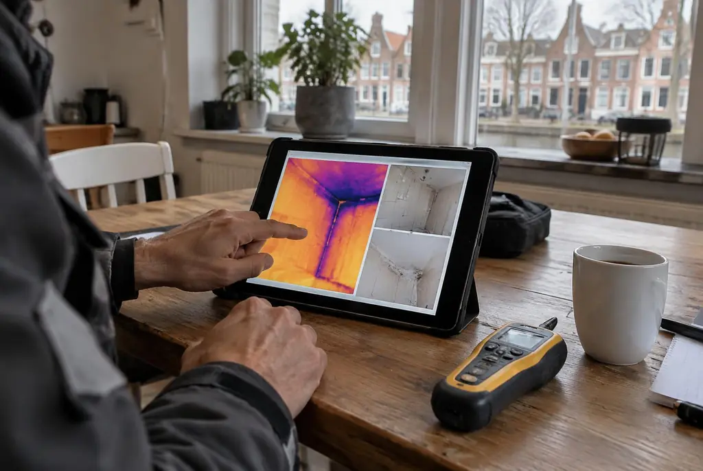 Lekdetectie Hengelo – lekdetectierapport met warmtebeelden en foto's op een tablet