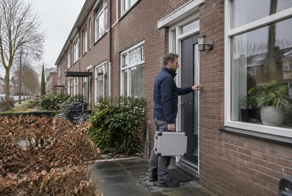 Lekdetectiespecialist met meetkoffer bij de voordeur van een woning in Hengelo